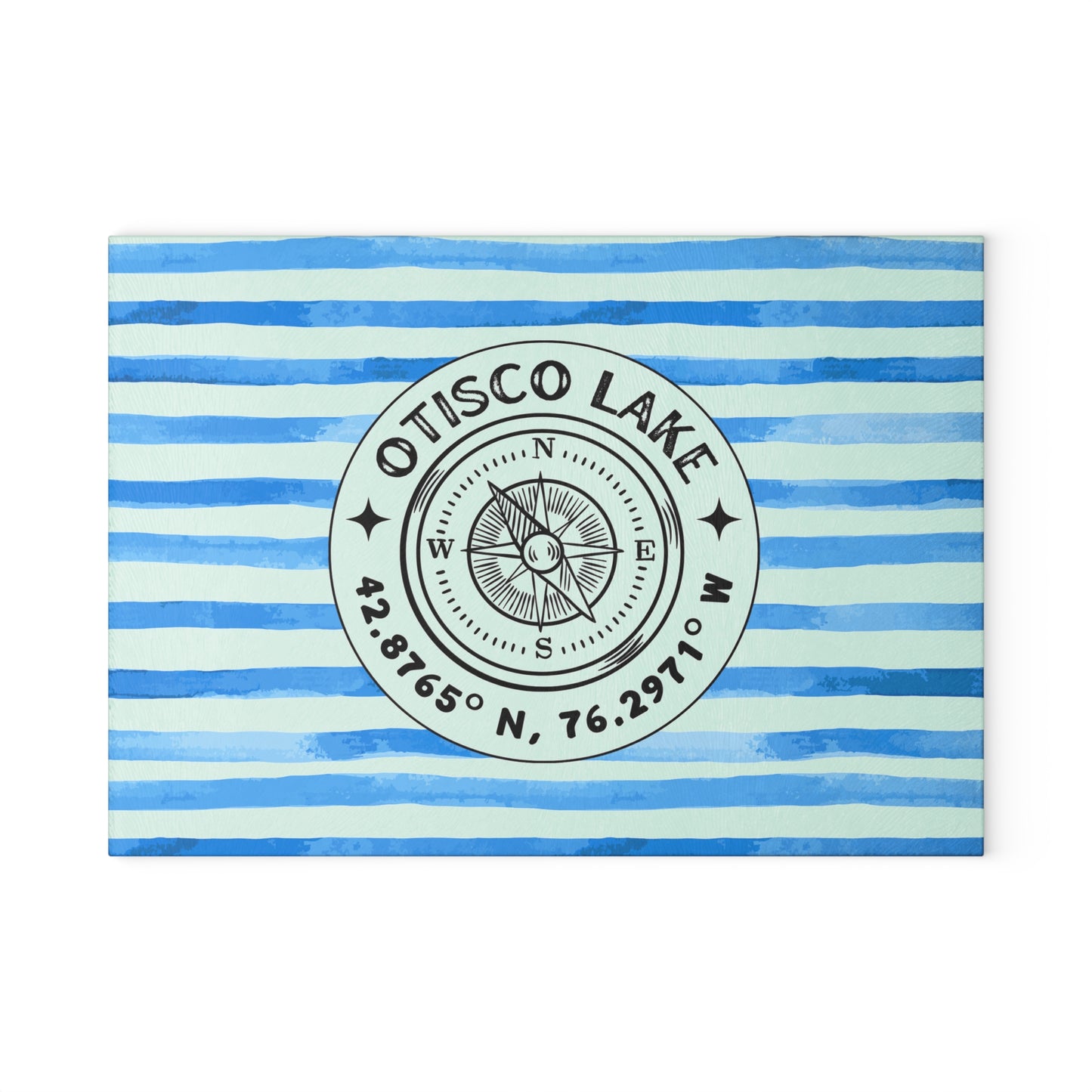 Otisco Lake Blue Cabana Stripe Glass Cutting and Charcuterie Board