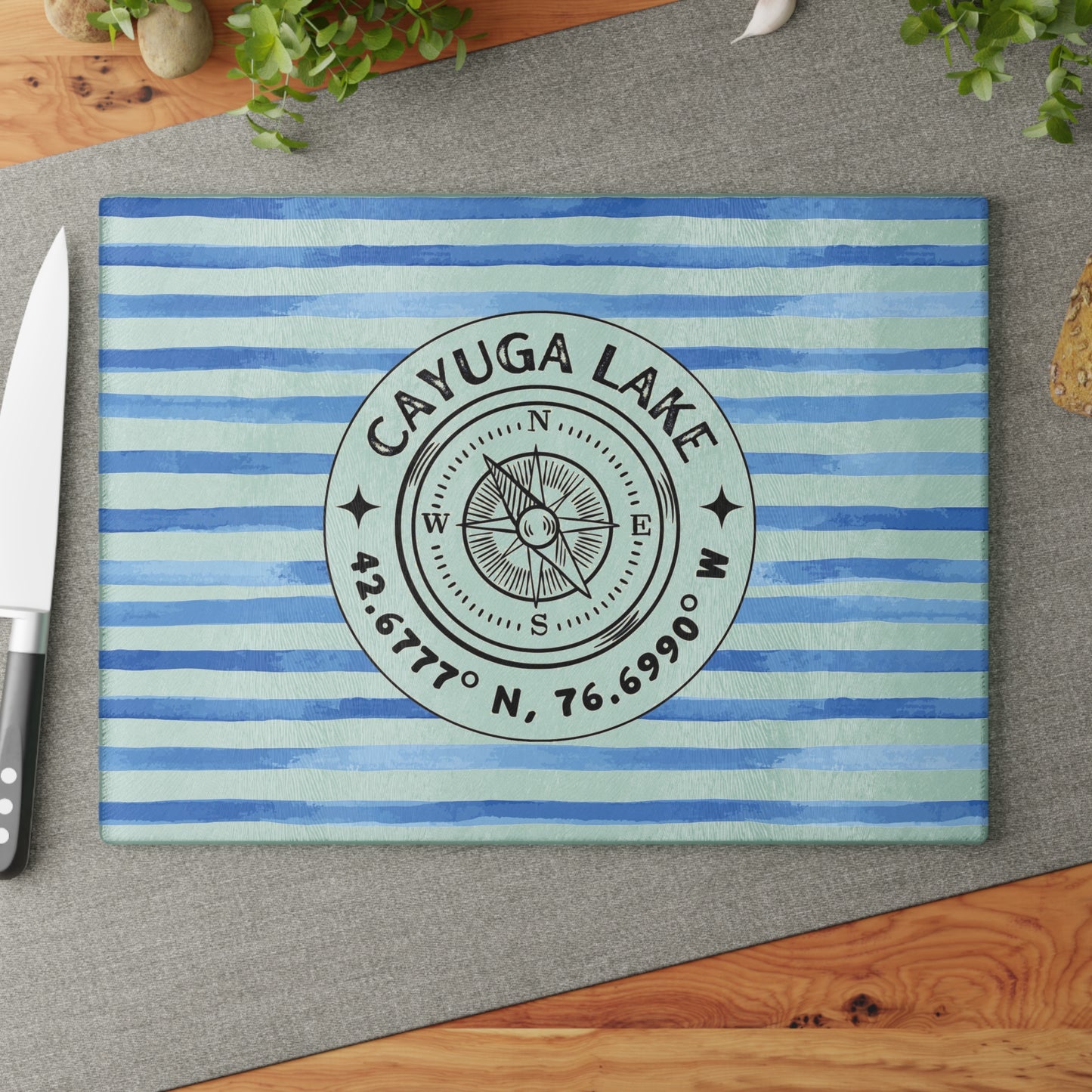 Cayuga Lake Blue Cabana Stripe Glass Charcuterie and Cutting Board