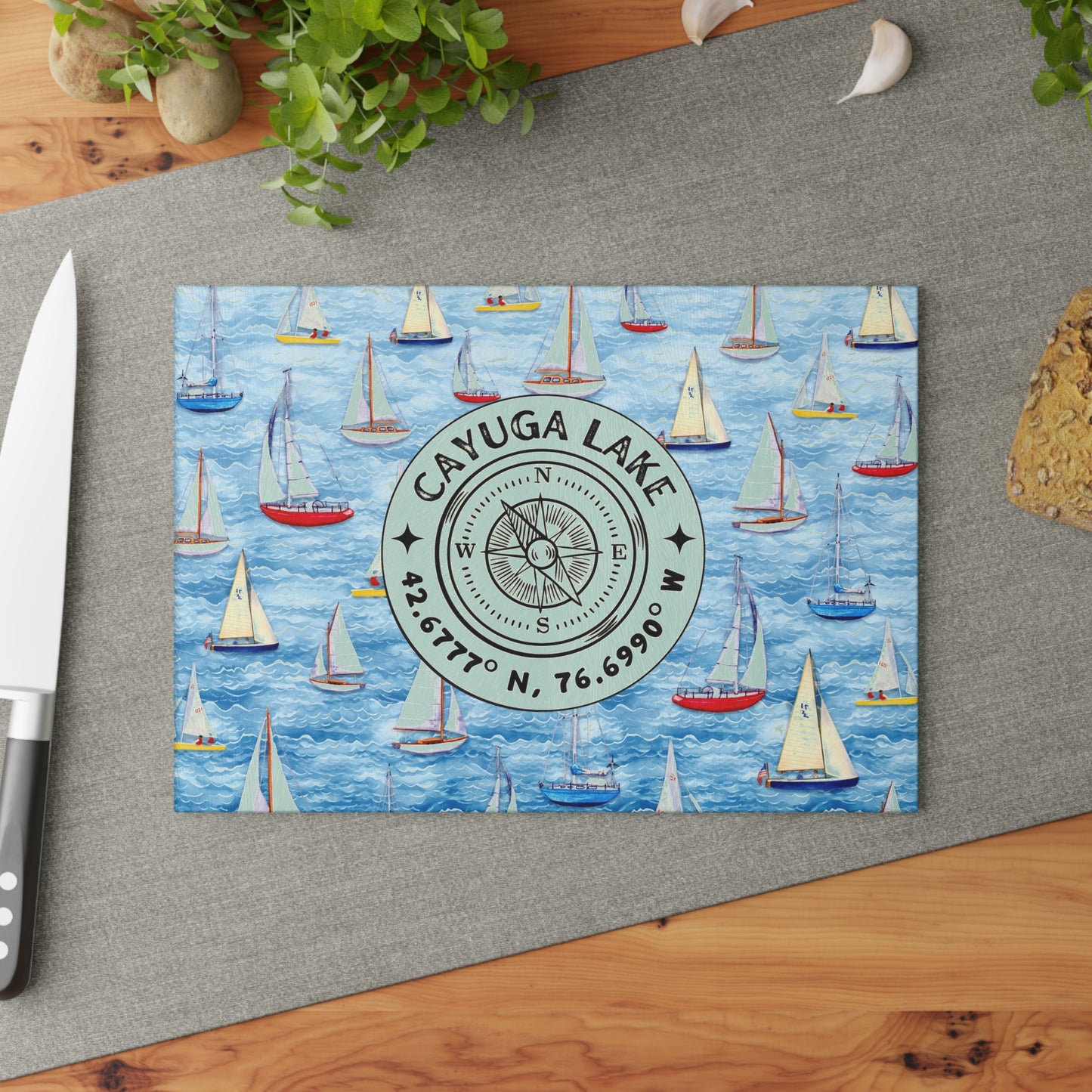 Cayuga Lake Sailboats Glass Charcuterie and Cutting Board
