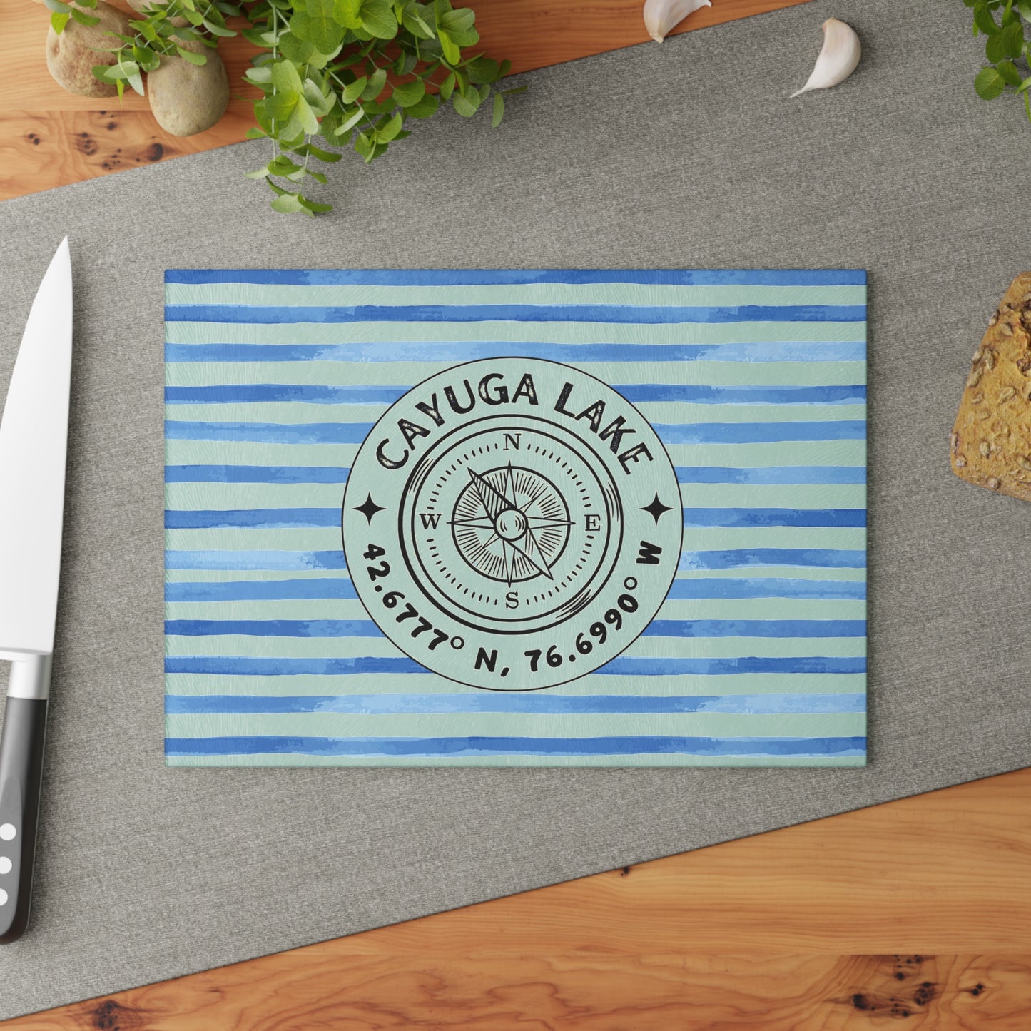 Cayuga Lake Blue Cabana Stripe Glass Charcuterie and Cutting Board