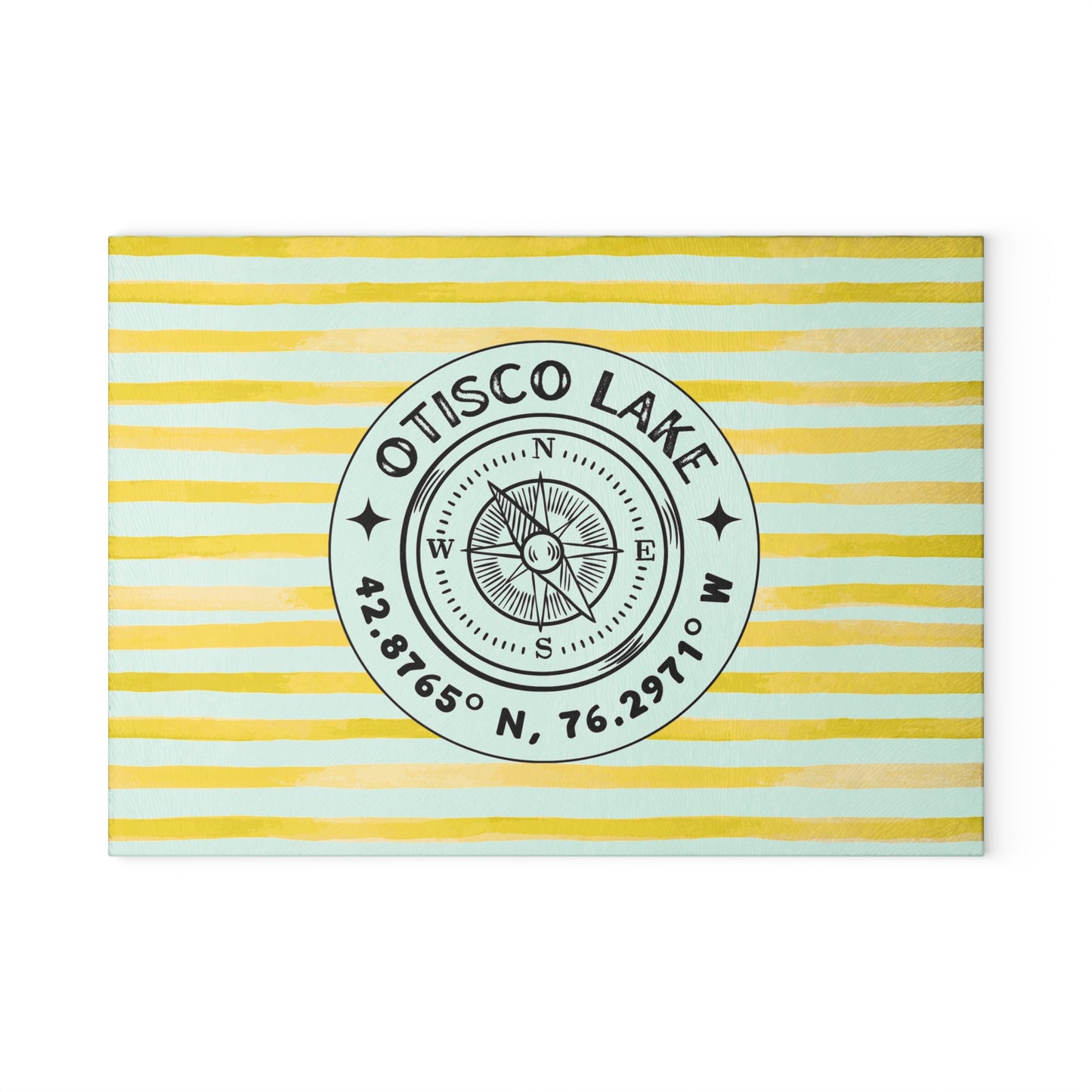 Otisco Lake Yellow Cabana Stripe Glass Cutting and Charcuterie Board