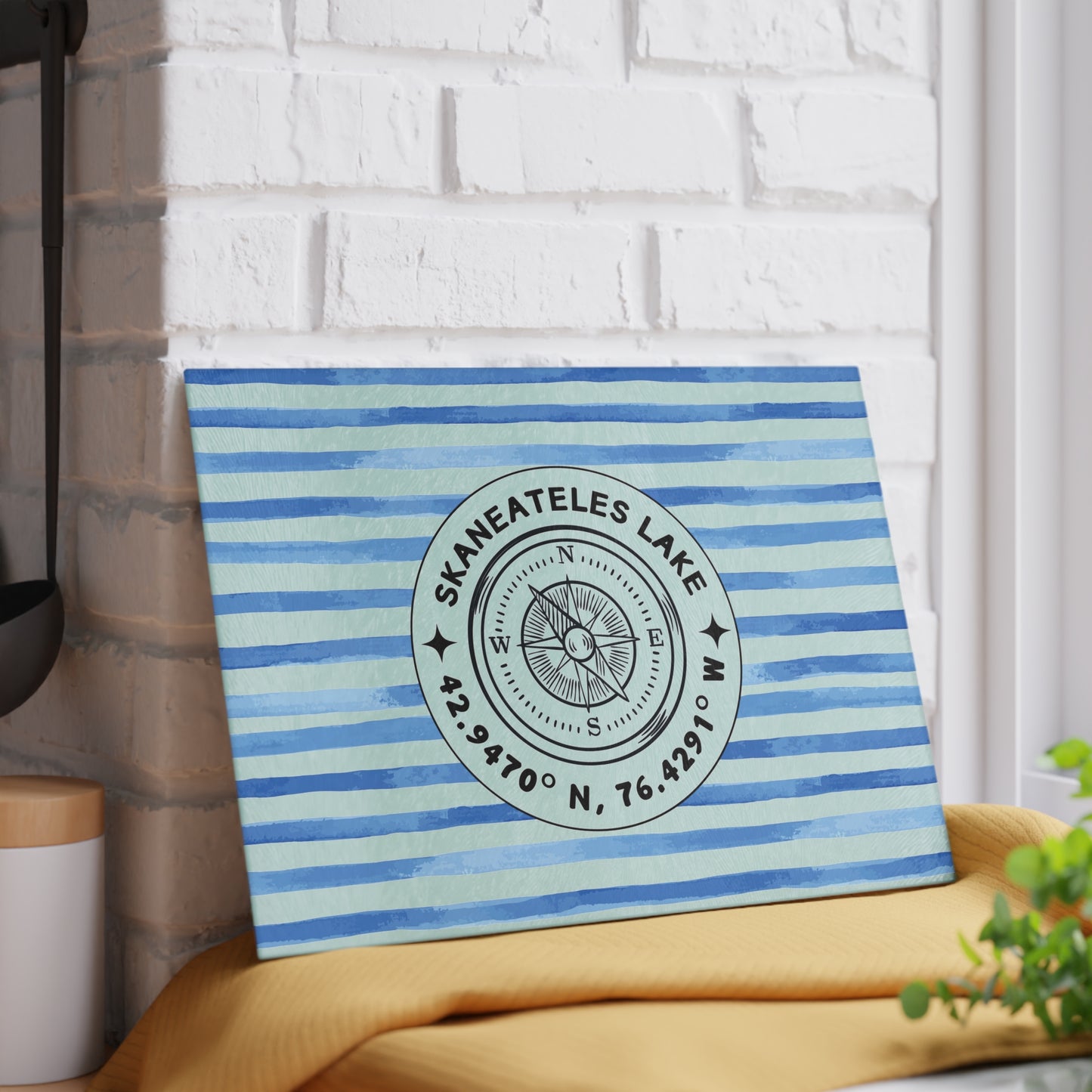 Skaneateles Blue Cabana Stripe Glass Cutting and Charcuterie Board