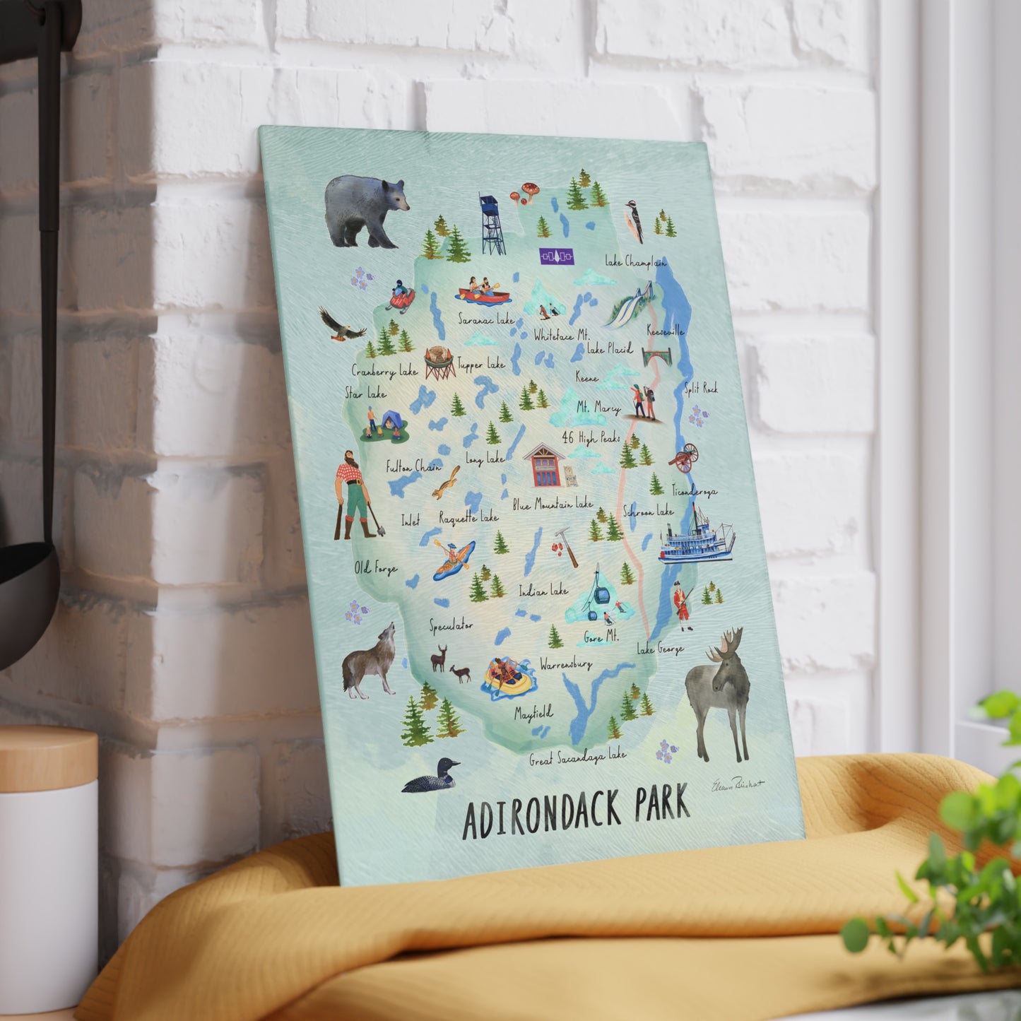 Adirondack Park, Hand Painted Map - Glass Cutting and Charcuterie Board - Perfect for Home Chefs and Outdoor Enthusiasts - Made in the USA