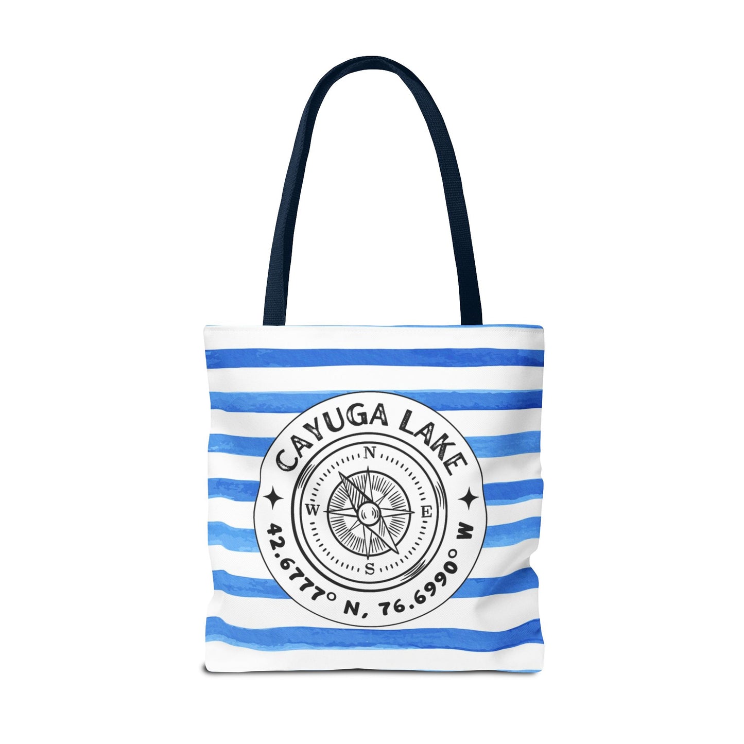 Cayuga Lake NY Compass, Blue Cabana Stripe, XL Tote Bag