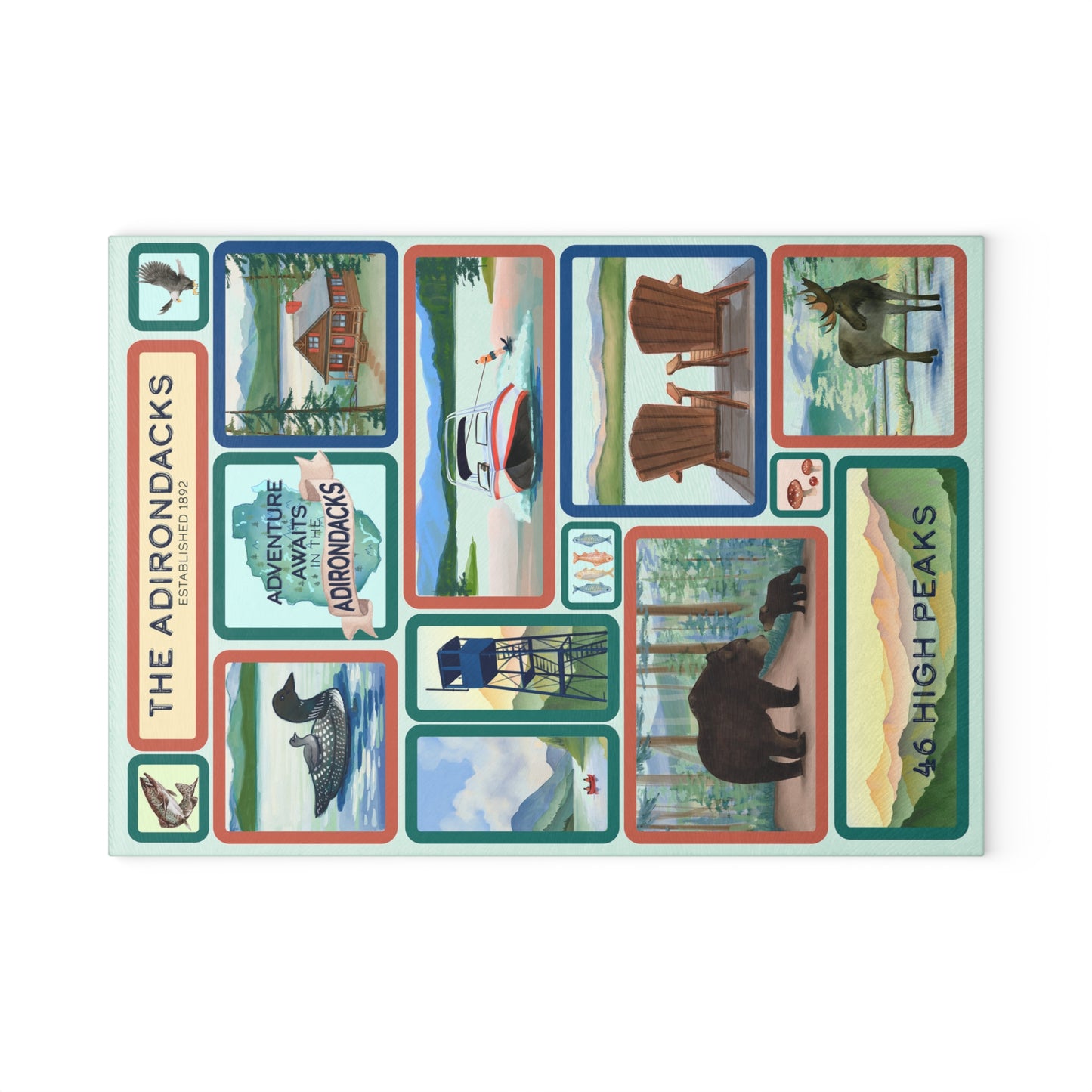 Adirondack Park, Hand Painted Scenes Cutting and Charcuterie Board - Perfect for Home Chefs and Outdoor Enthusiasts - Made in the USA