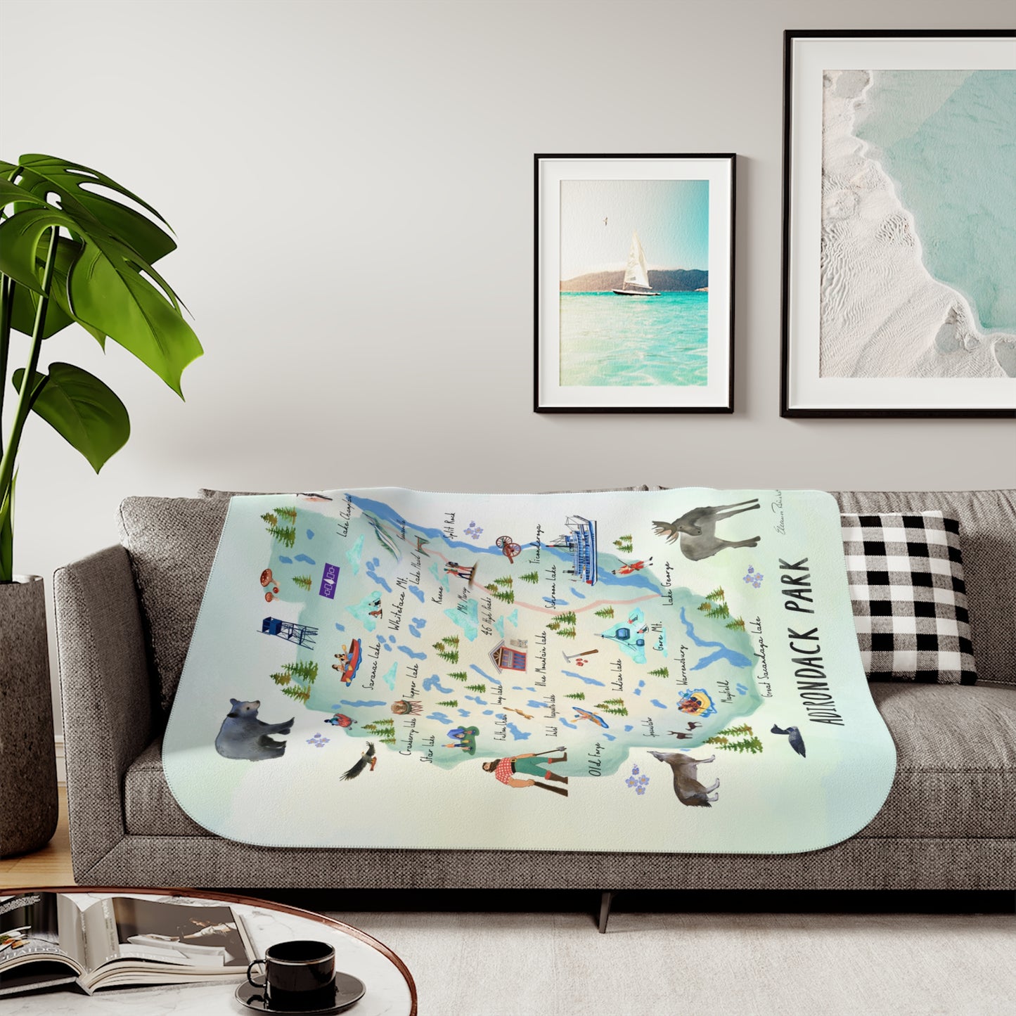 Adirondack Park, Watercolor Map, Double Layer Sherpa Blanket - Hand Painted Design - Made in the USA