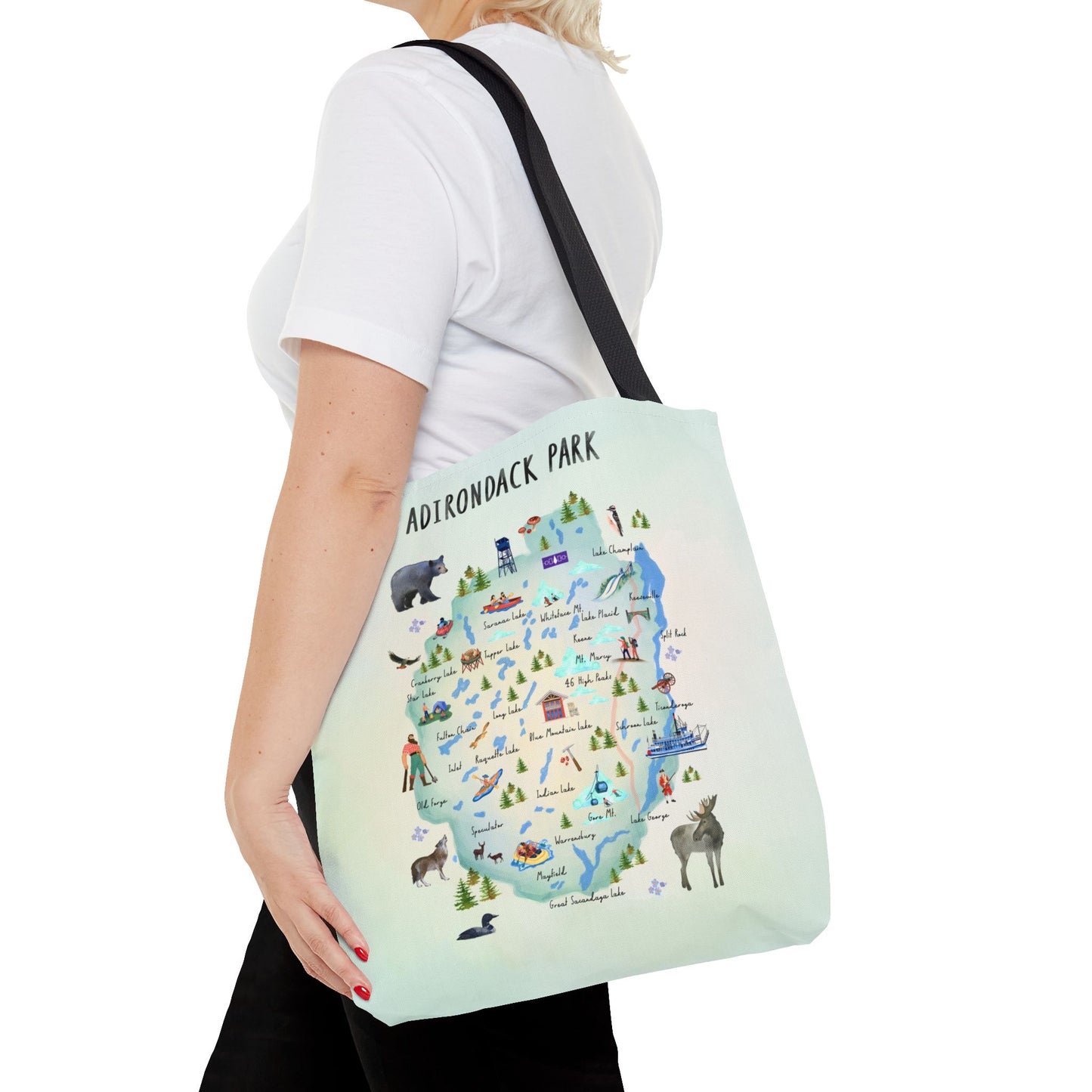 Adirondack Map Watercolor Landmarks, Animals, Towns and Lakes, Tote Bag – Eco-Friendly Nature Lover's Bag - Made in the USA