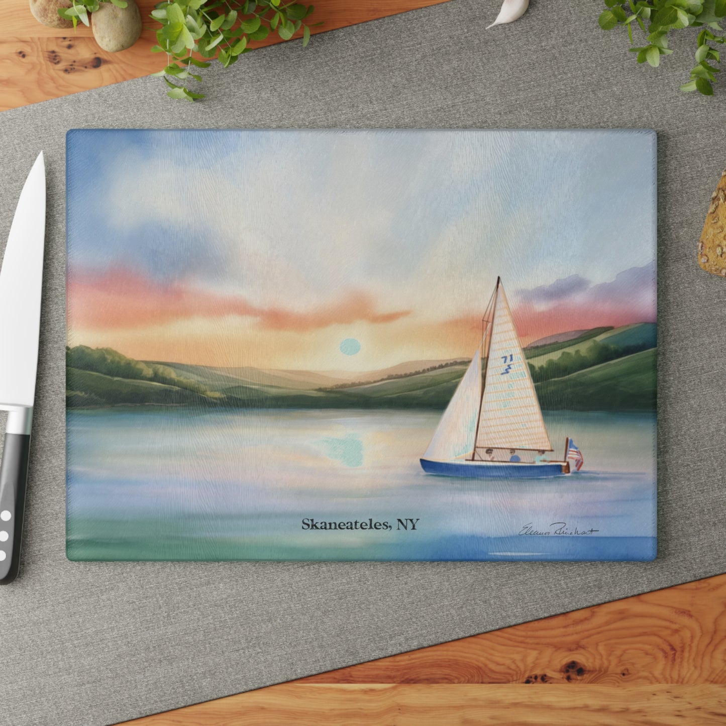 Skaneateles Sunrise Glass Cutting and Charcuterie Board