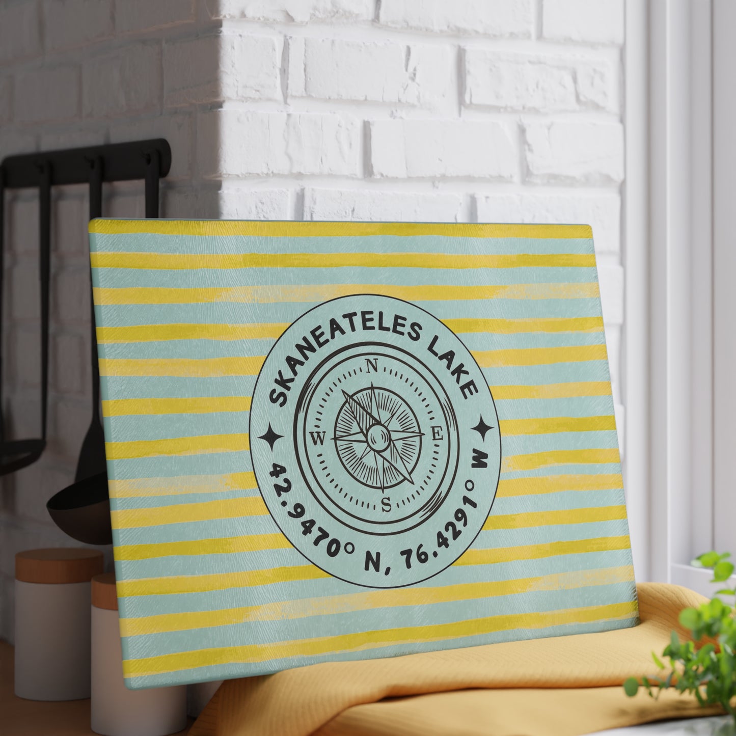 Skaneateles Yellow Cabana Stripe Glass Cutting and Charcuterie Board