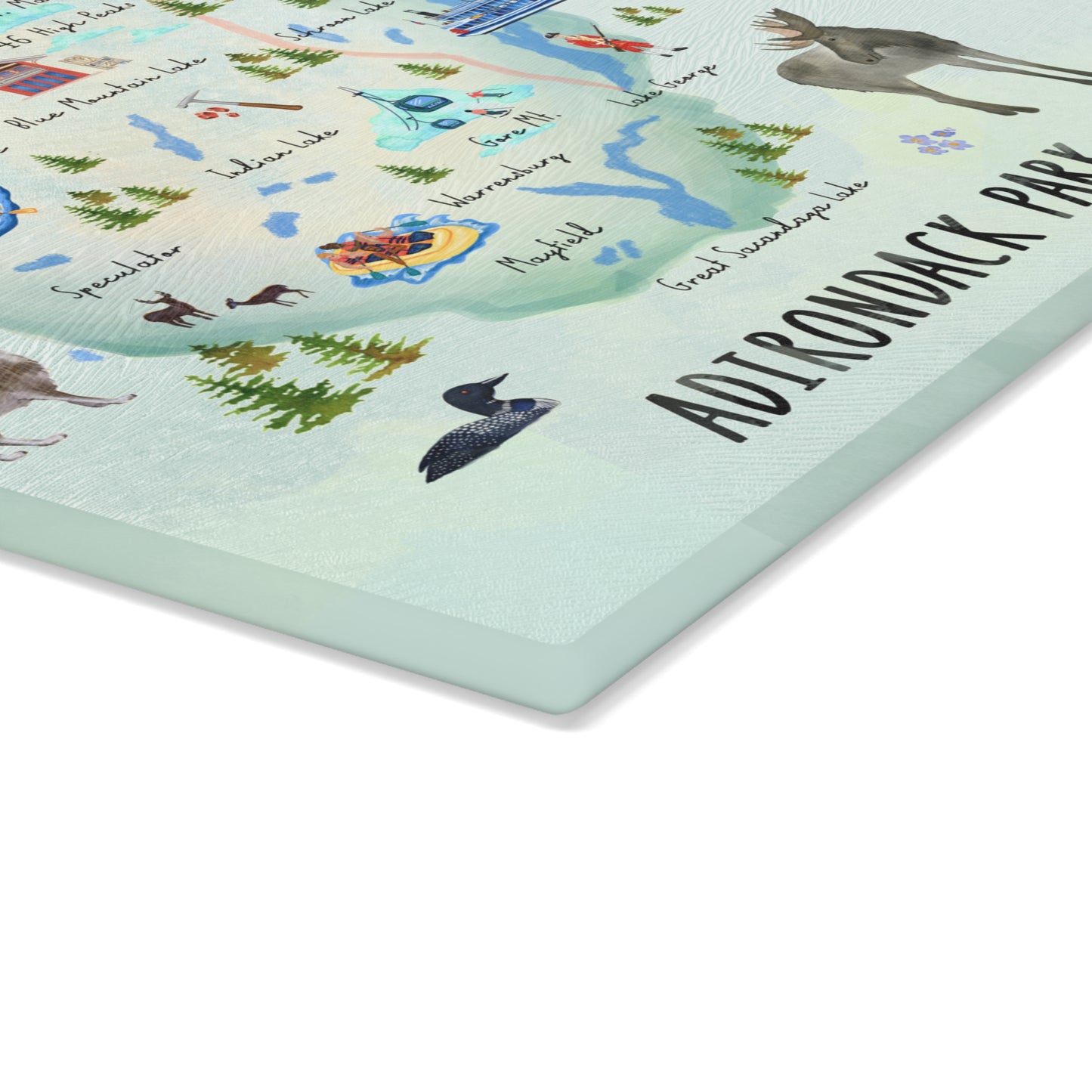 Adirondack Park, Hand Painted Map - Glass Cutting and Charcuterie Board - Perfect for Home Chefs and Outdoor Enthusiasts - Made in the USA
