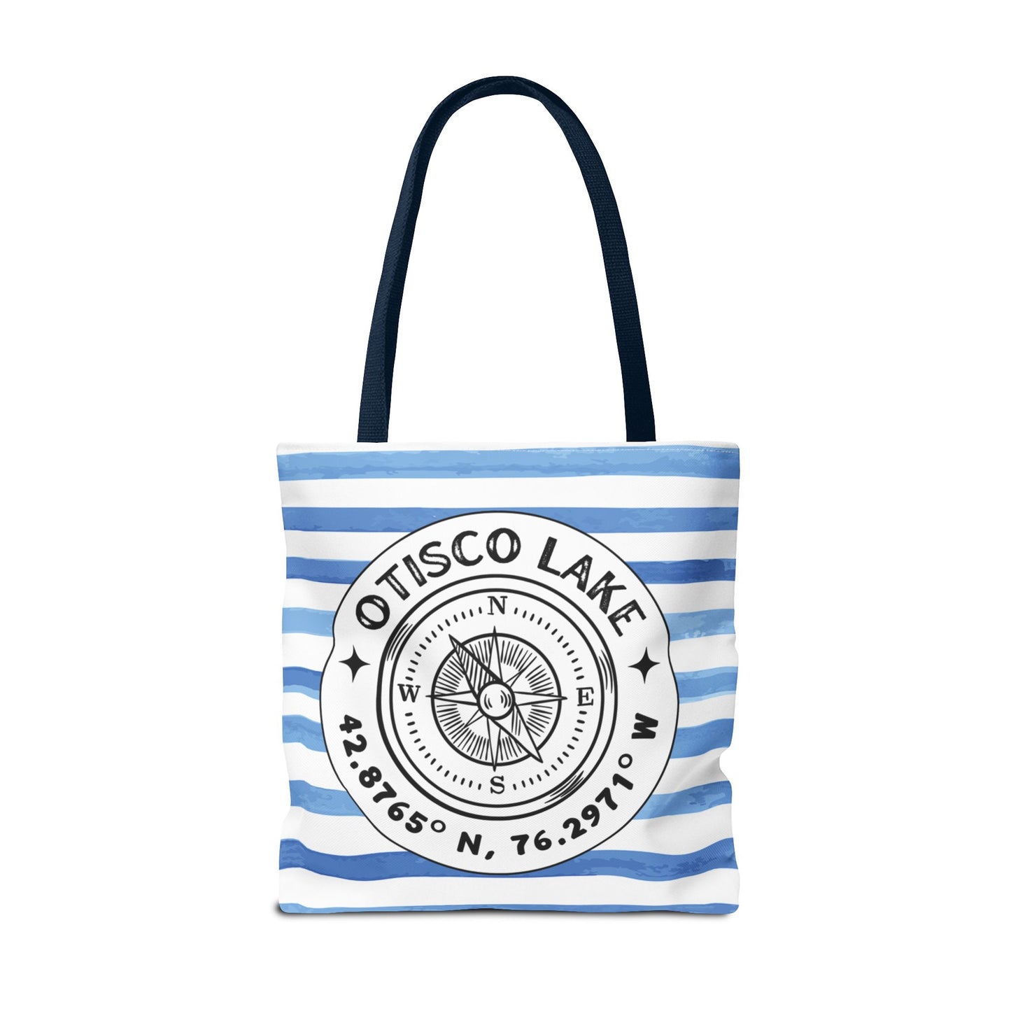 Otisco Lake NY Compass, Blue Cabana Stripe, XL Tote Bag