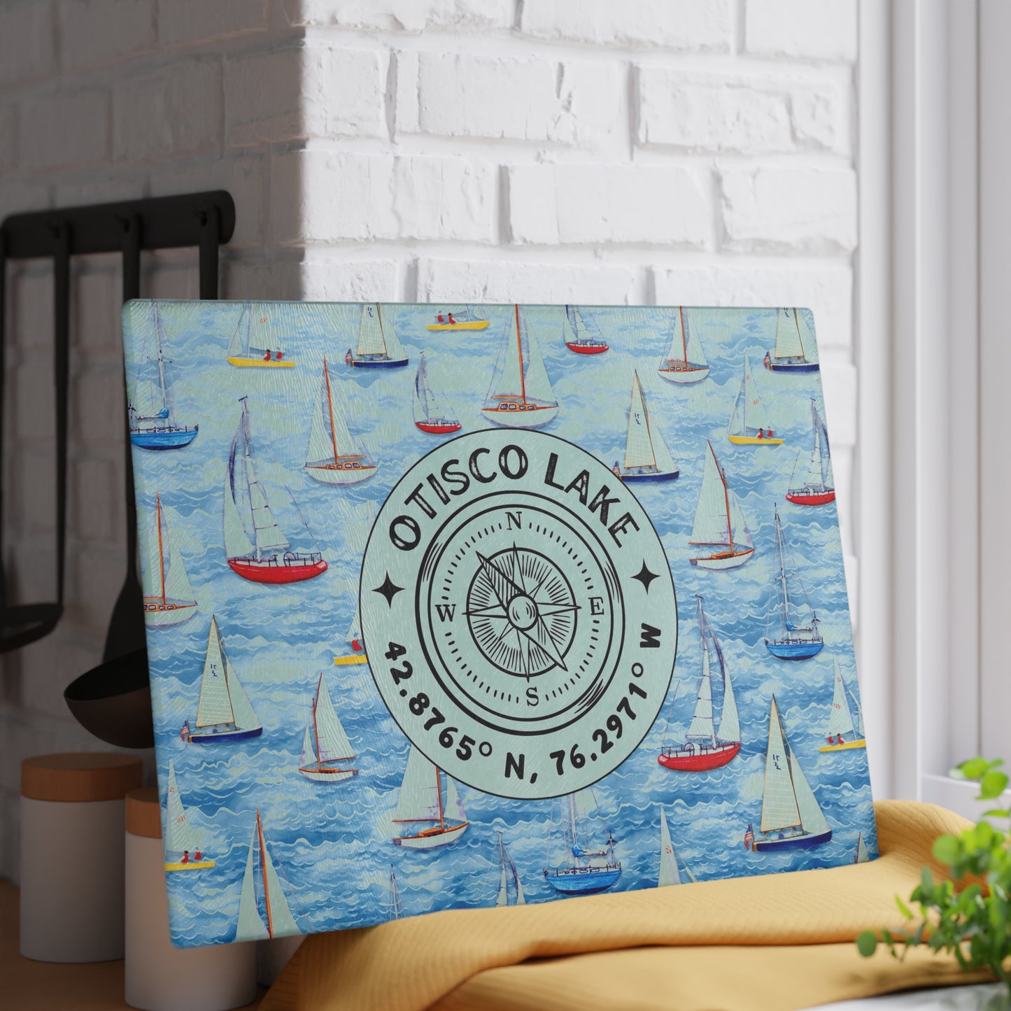 Otisco Lake Sailboats Glass Cutting and Charcuterie Board