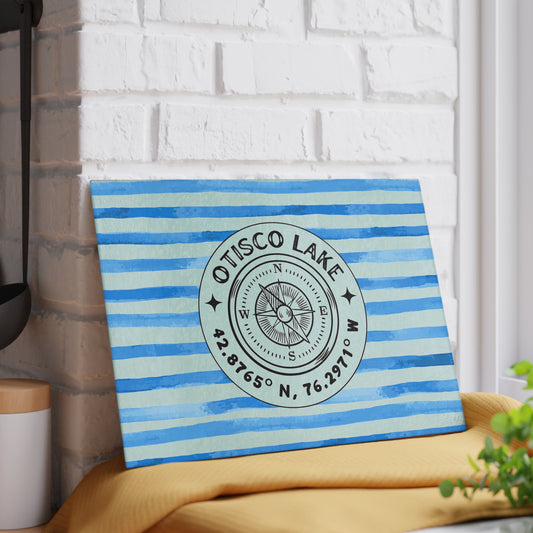 Otisco Lake Blue Cabana Stripe Glass Cutting and Charcuterie Board