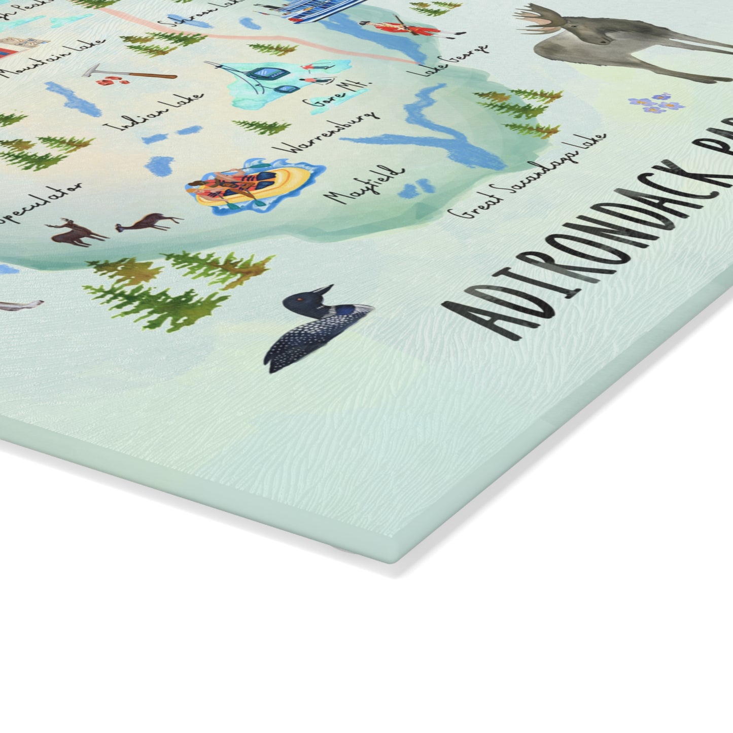 Adirondack Park, Hand Painted Map - Glass Cutting and Charcuterie Board - Perfect for Home Chefs and Outdoor Enthusiasts - Made in the USA