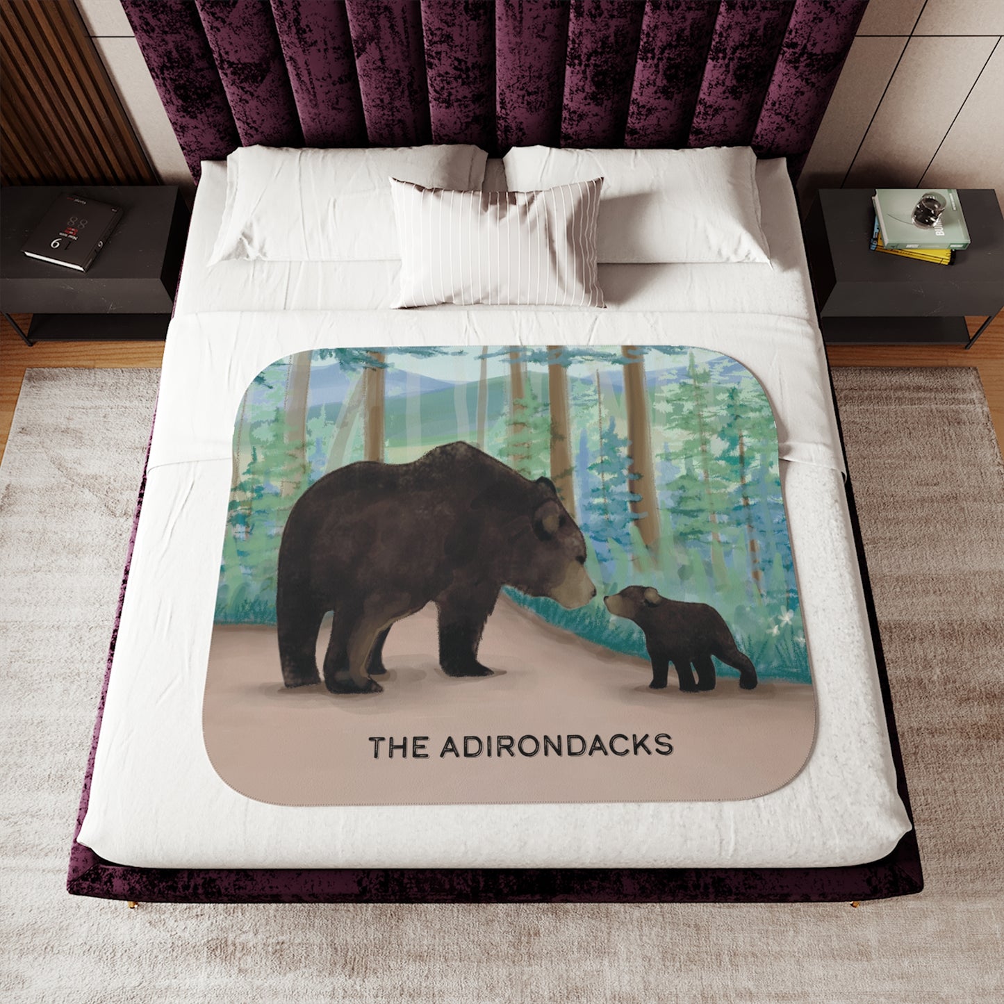 Black Bear Mother and Cub, Adirondack Park - Double Layer Sherpa Blanket - Hand Painted Design - Made in the USA