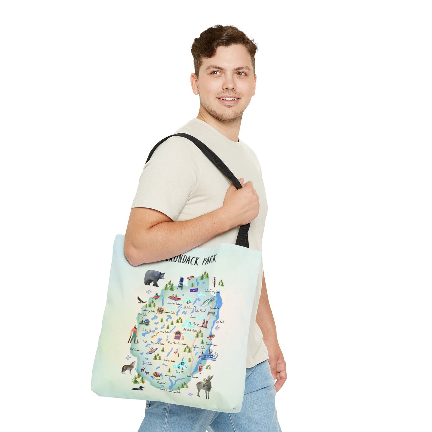 Adirondack Map Watercolor Landmarks, Animals, Towns and Lakes, Tote Bag – Eco-Friendly Nature Lover's Bag - Made in the USA