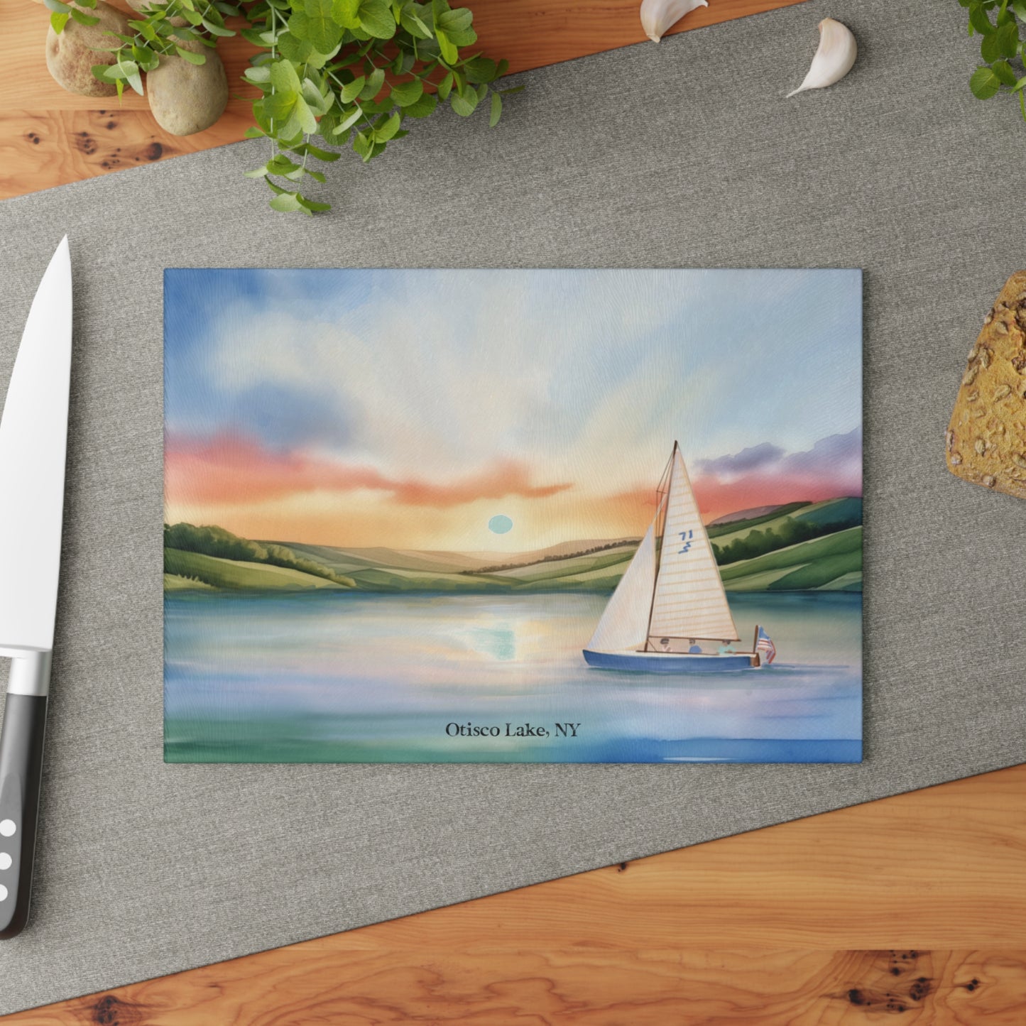 Otisco Lake Sunrise Glass Cutting and Charcuterie Board