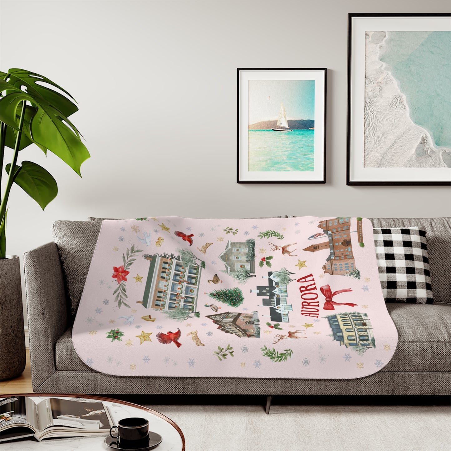 Aurora Folk Art PINK Christmas Double Layer Sherpa Blanket