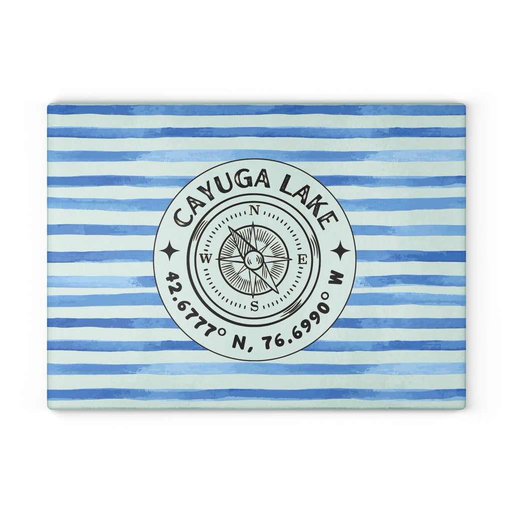 Cayuga Lake Blue Cabana Stripe Glass Charcuterie and Cutting Board
