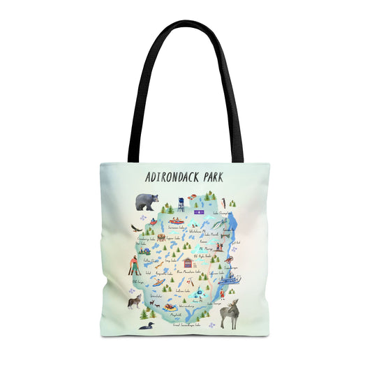 Adirondack Map Watercolor Landmarks, Animals, Towns and Lakes, Tote Bag – Eco-Friendly Nature Lover's Bag - Made in the USA