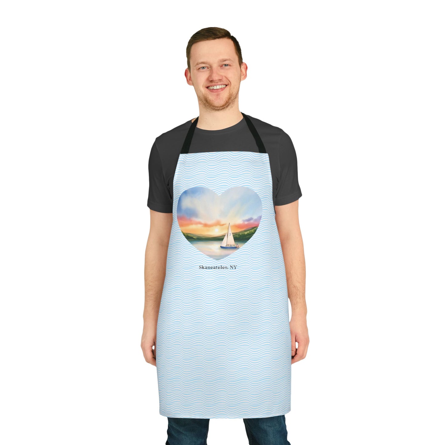 Skaneateles NY Sunrise Sailboat Apron with Heart Design - Perfect for Lake Lovers, Chefs, and Home Cooks