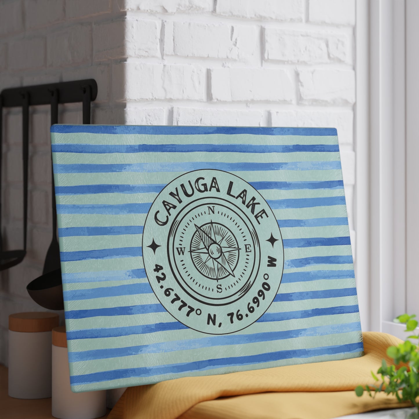 Cayuga Lake Blue Cabana Stripe Glass Charcuterie and Cutting Board