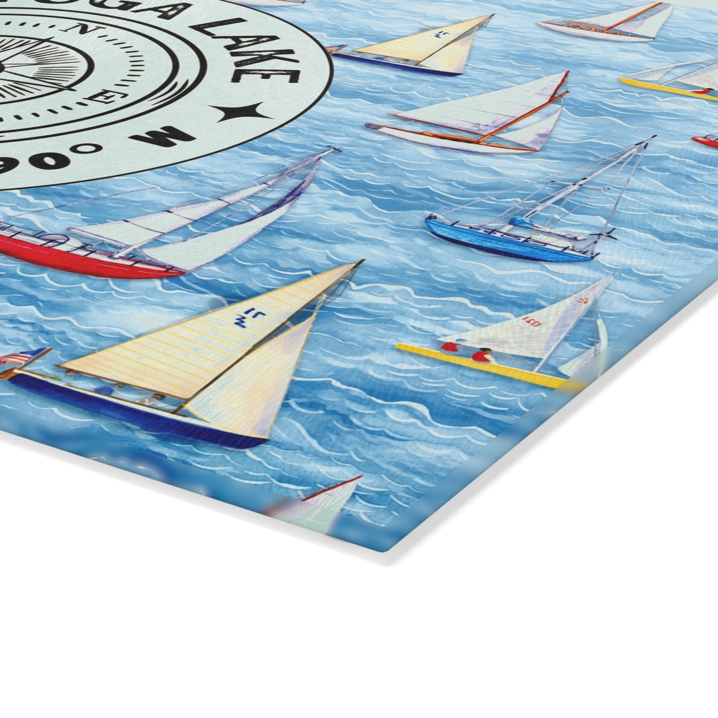 Cayuga Lake Sailboats Glass Charcuterie and Cutting Board
