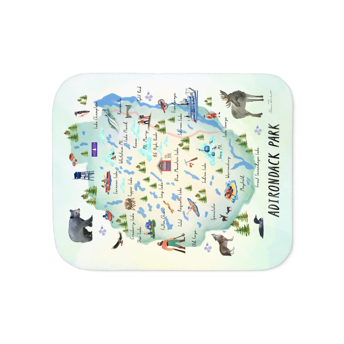 Adirondack Park, Watercolor Map, Double Layer Sherpa Blanket - Hand Painted Design - Made in the USA