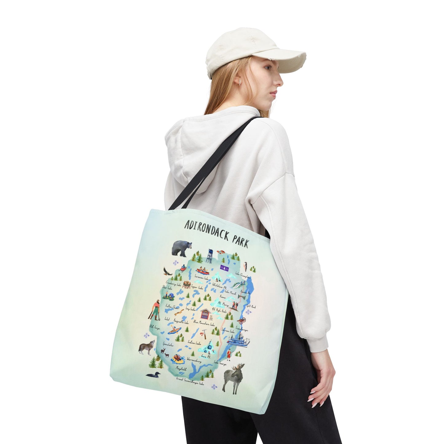 Adirondack Map Watercolor Landmarks, Animals, Towns and Lakes, Tote Bag – Eco-Friendly Nature Lover's Bag - Made in the USA