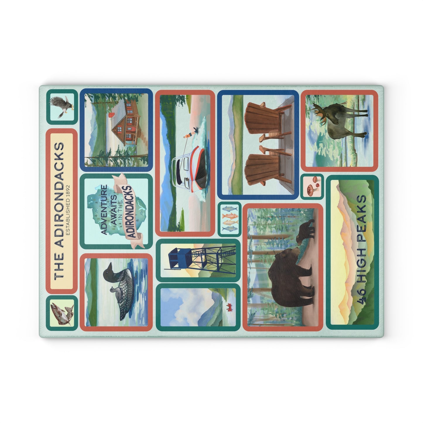 Adirondack Park, Hand Painted Scenes Cutting and Charcuterie Board - Perfect for Home Chefs and Outdoor Enthusiasts - Made in the USA