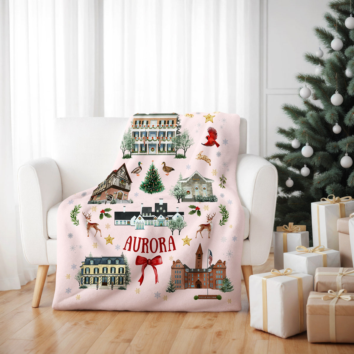 Aurora Folk Art PINK Christmas Double Layer Sherpa Blanket