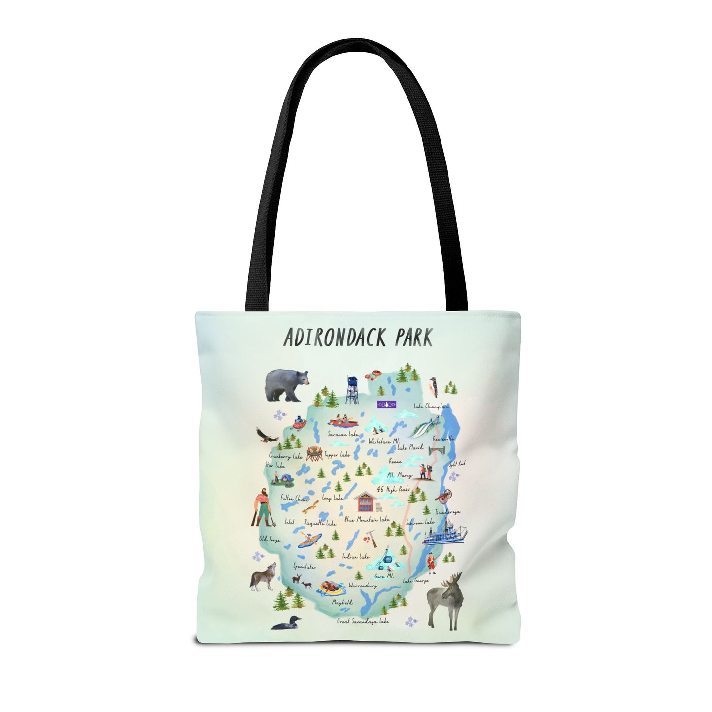 Adirondack Map Watercolor Landmarks, Animals, Towns and Lakes, Tote Bag – Eco-Friendly Nature Lover's Bag - Made in the USA