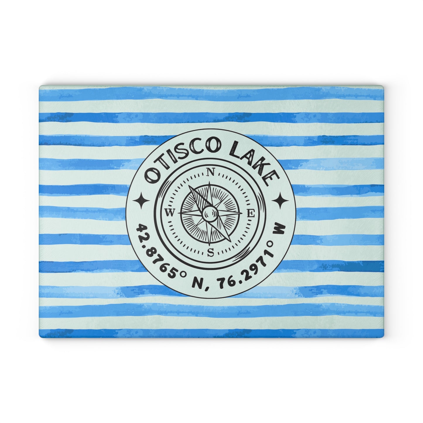 Otisco Lake Blue Cabana Stripe Glass Cutting and Charcuterie Board