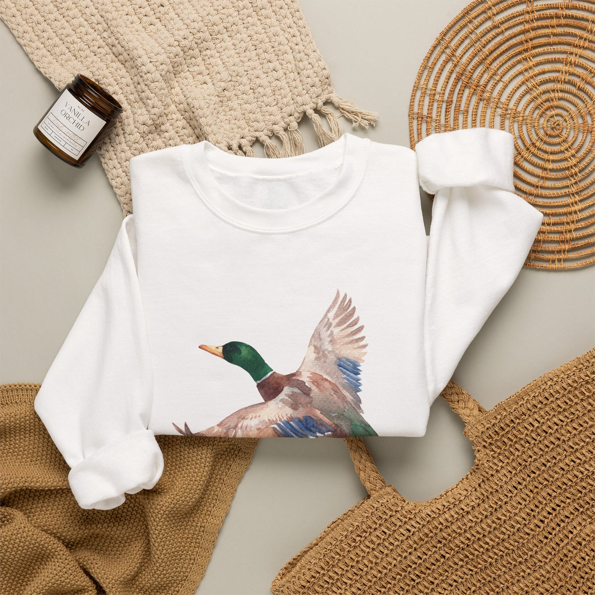 Mallard Flight Crewneck Sweatshirt — Flying Duck Nature Graphic