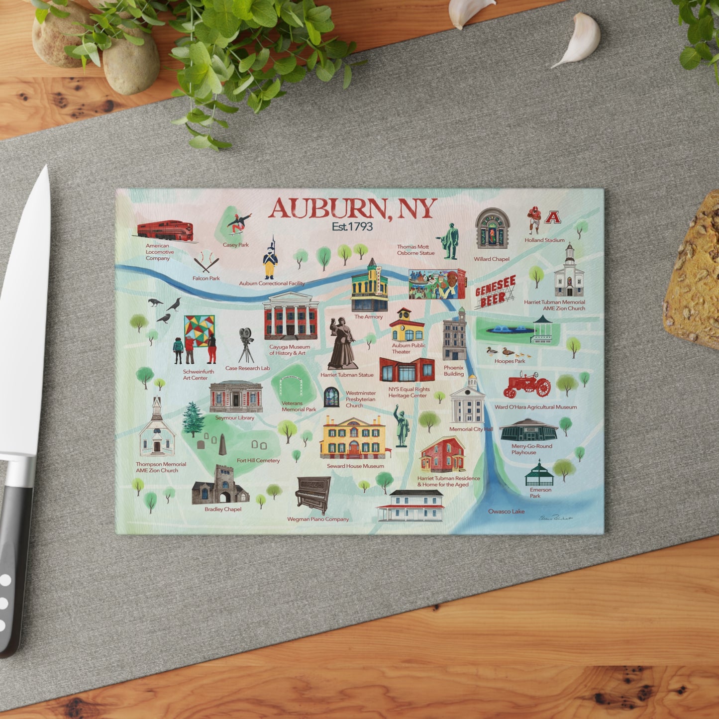 Auburn, NY Historical Landmarks Glass Cutting and Charcuterie Board