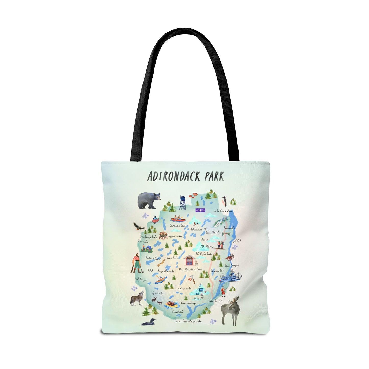 Adirondack Map Watercolor Landmarks, Animals, Towns and Lakes, Tote Bag – Eco-Friendly Nature Lover's Bag - Made in the USA