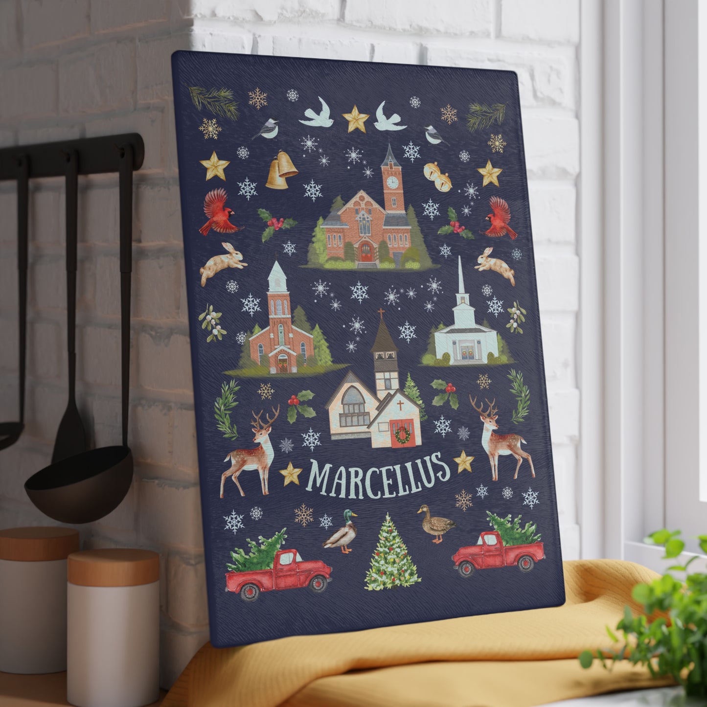 Marcellus Folk Christmas Glass Cutting Board