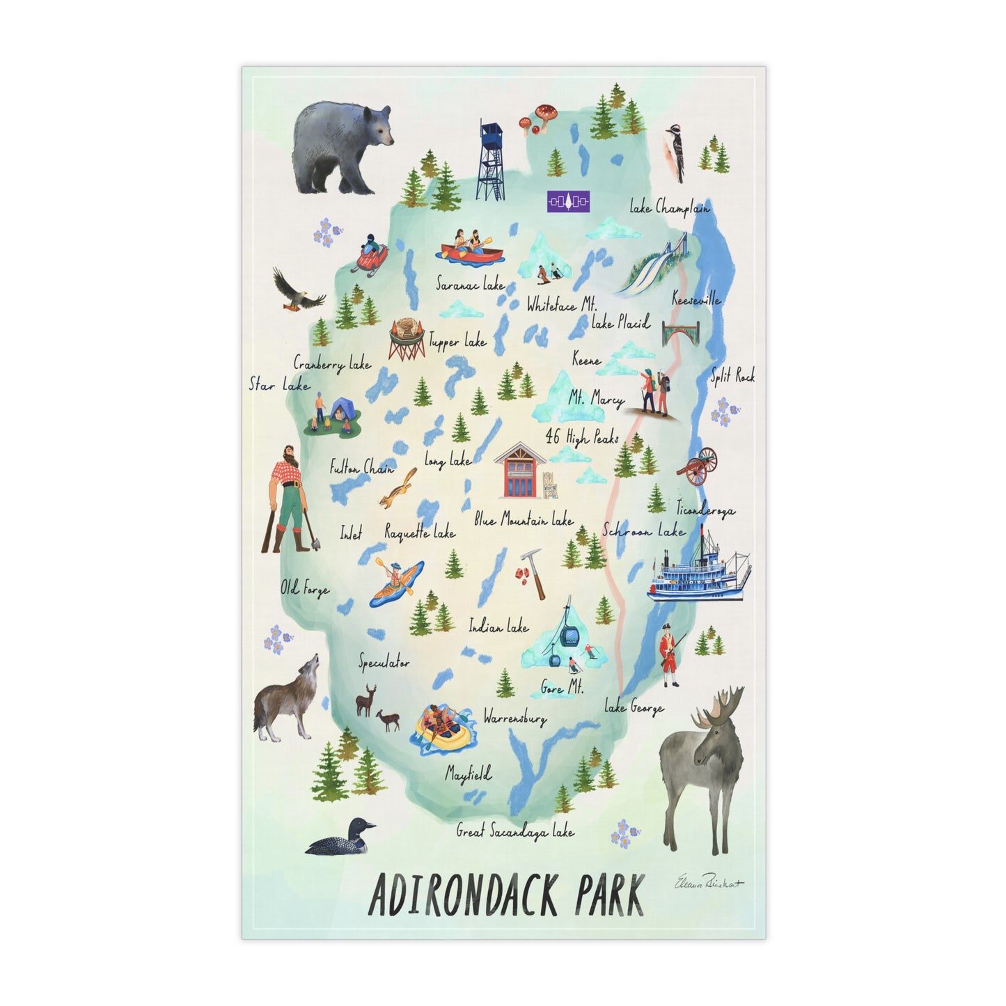Adirondack Park Cotton Tea Towels - Whimsical Map Design for Outdoor Lovers