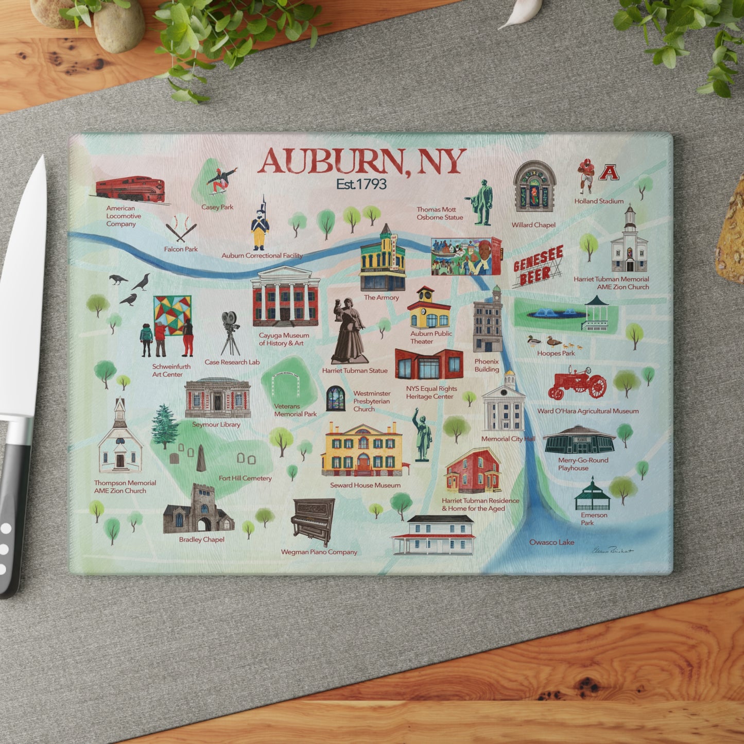 Auburn, NY Historical Landmarks Glass Cutting and Charcuterie Board