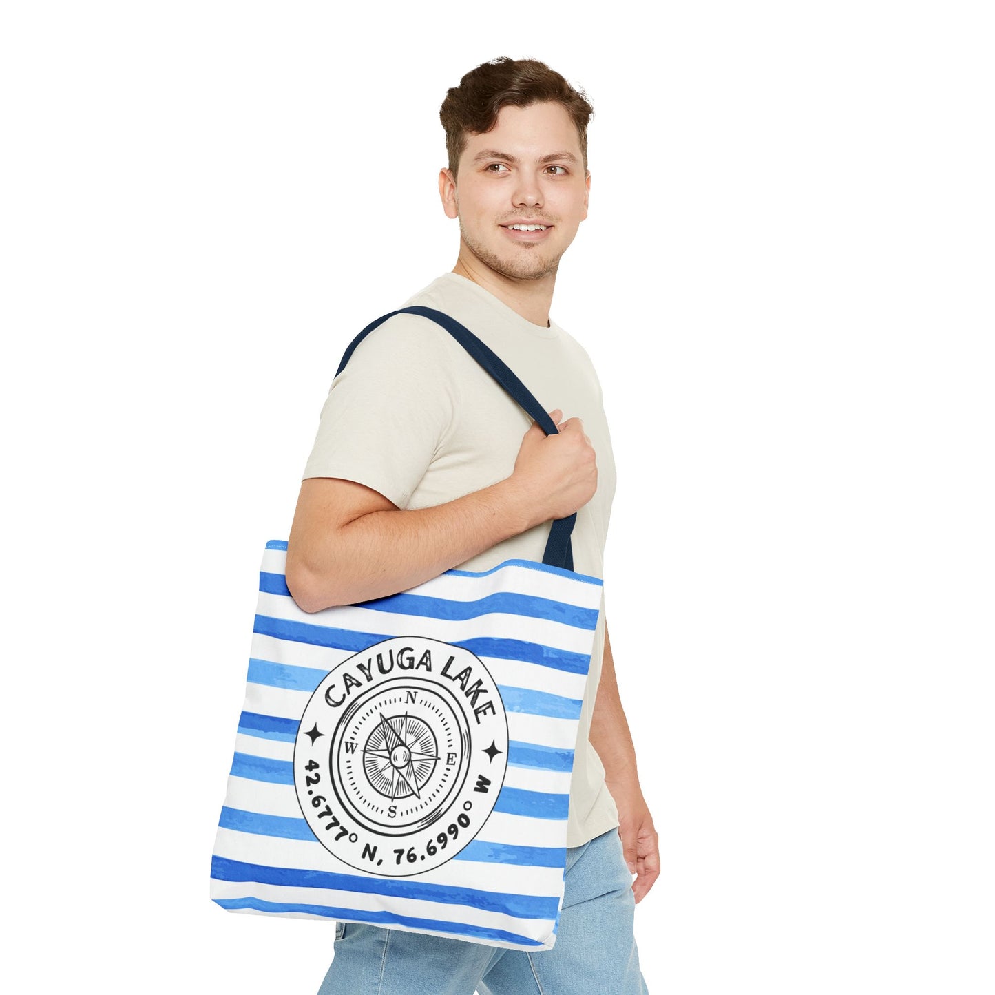 Cayuga Lake NY Compass, Blue Cabana Stripe, XL Tote Bag