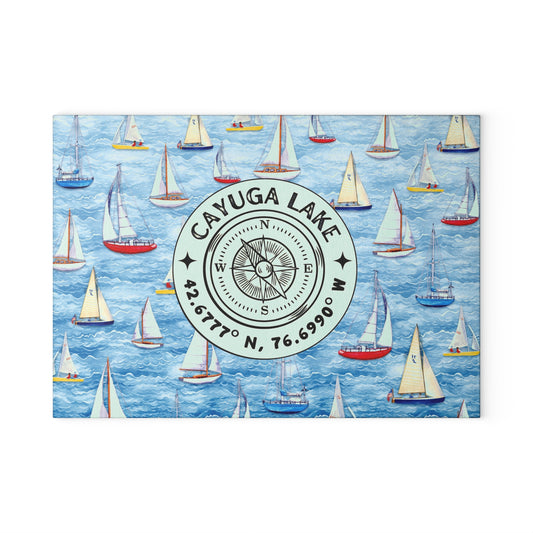 Cayuga Lake Sailboats Glass Charcuterie and Cutting Board