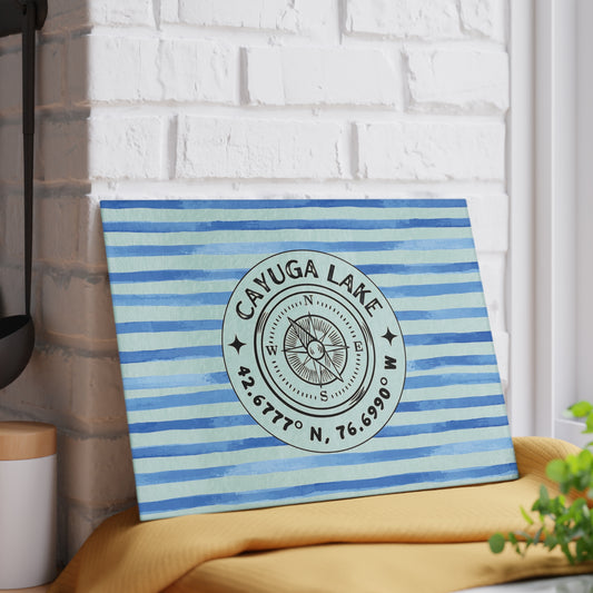 Cayuga Lake Blue Cabana Stripe Glass Charcuterie and Cutting Board