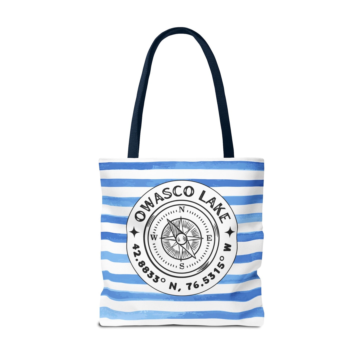 Owasco Lake NY Compass, Blue Cabana Stripe, XL Tote Bag