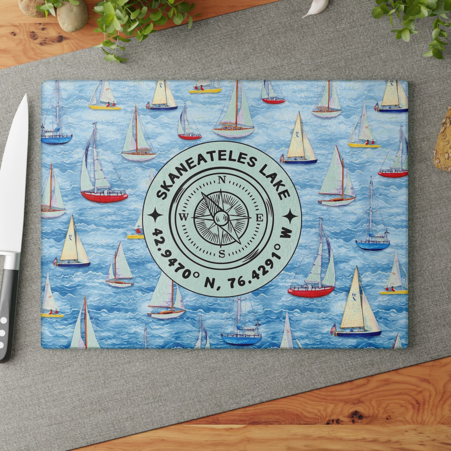 Skaneateles Sailboats Glass Cutting and Charcuterie Board