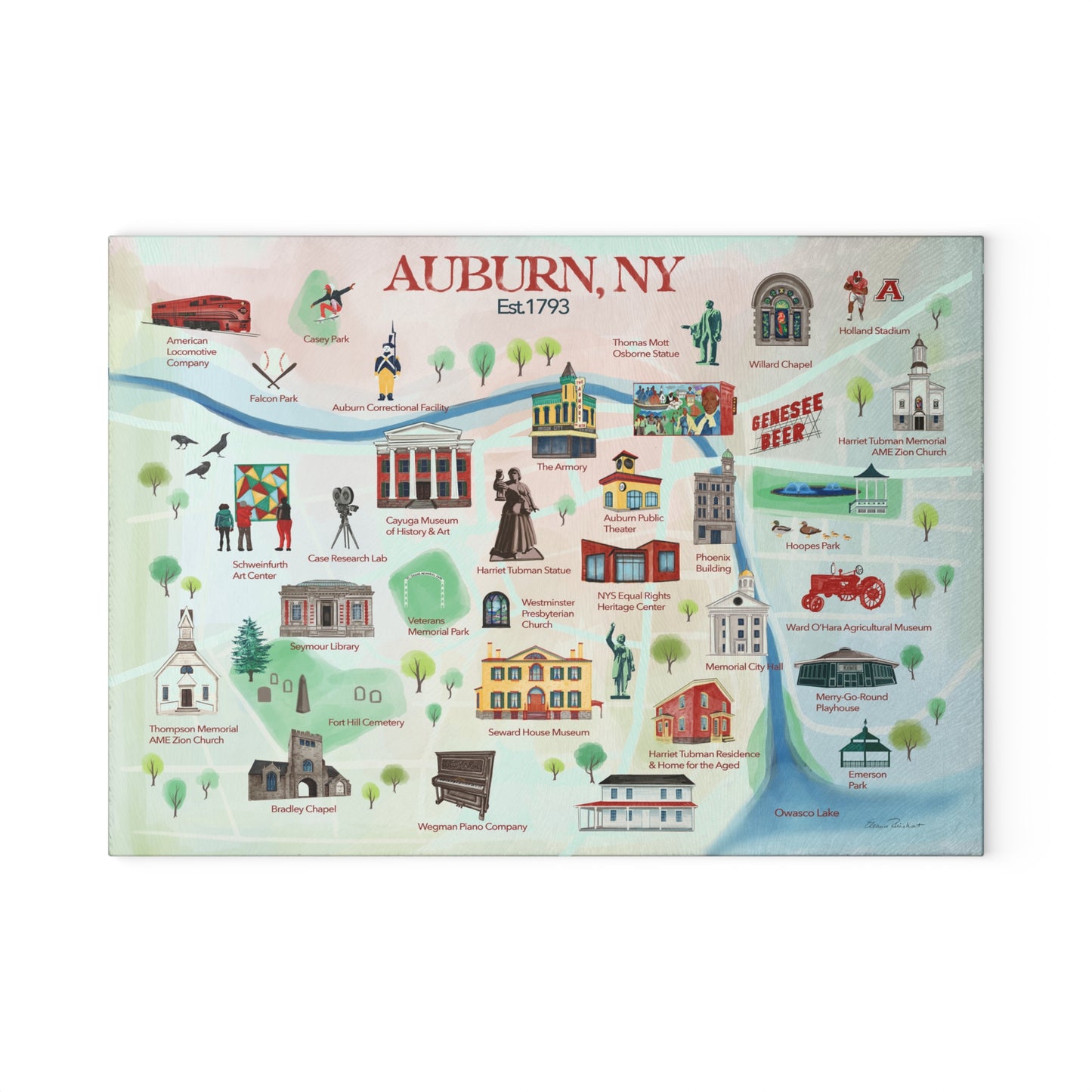 Auburn, NY Historical Landmarks Glass Cutting and Charcuterie Board