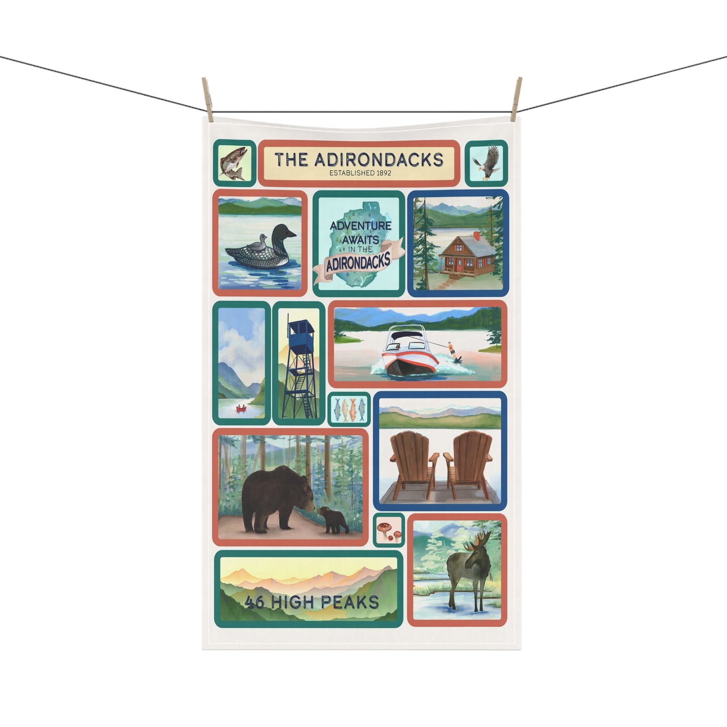 Adirondack Adventure Hand Painted Artwork - 100% Cotton Tea Towels - Made in the USA