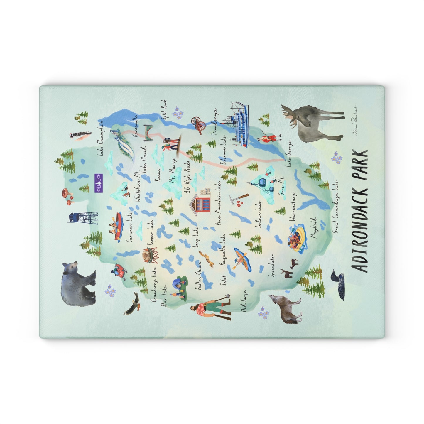 Adirondack Park, Hand Painted Map - Glass Cutting and Charcuterie Board - Perfect for Home Chefs and Outdoor Enthusiasts - Made in the USA