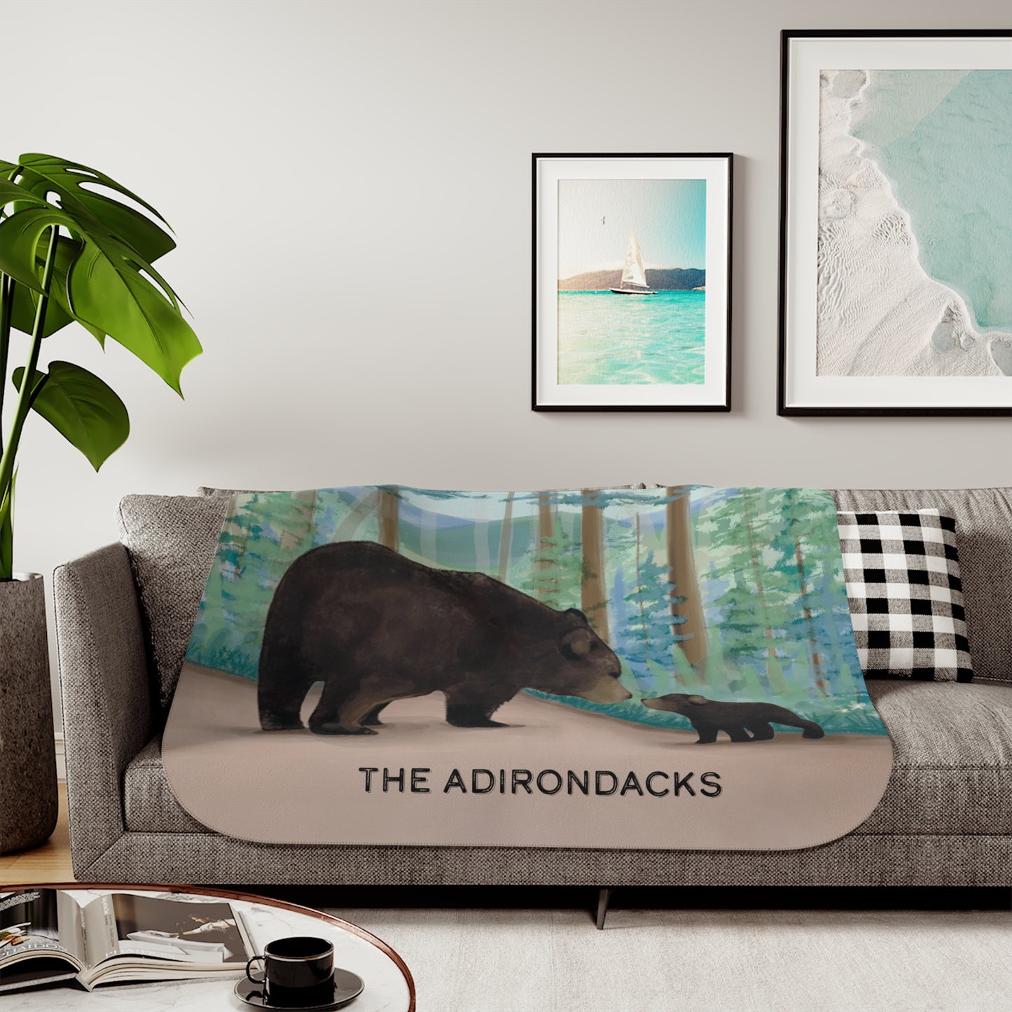 Black Bear Mother and Cub, Adirondack Park - Double Layer Sherpa Blanket - Hand Painted Design - Made in the USA