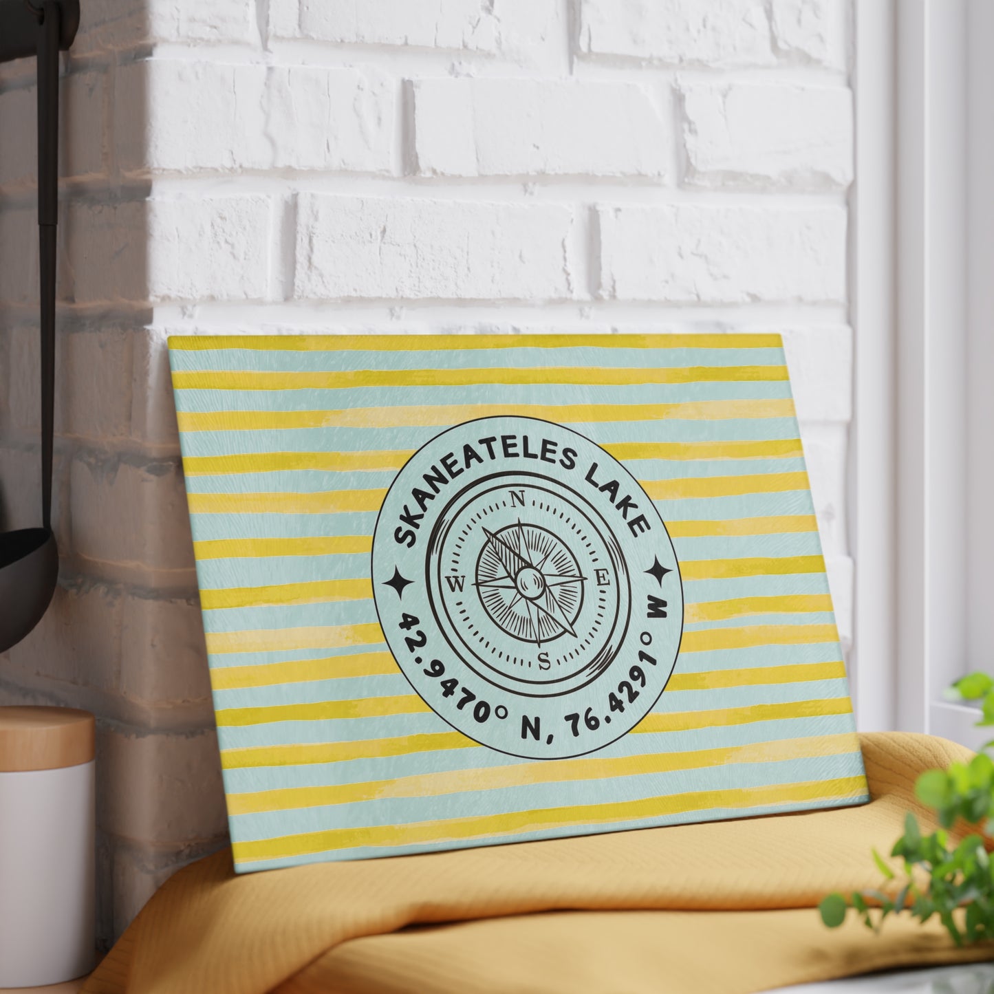 Skaneateles Yellow Cabana Stripe Glass Cutting and Charcuterie Board