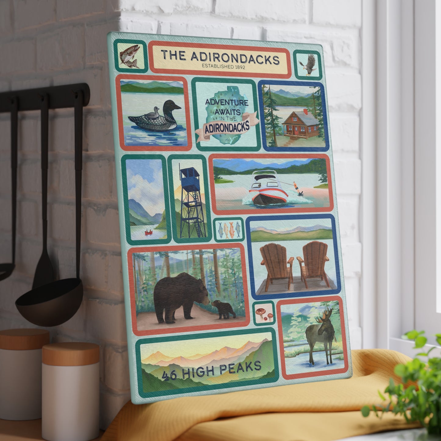 Adirondack Park, Hand Painted Scenes Cutting and Charcuterie Board - Perfect for Home Chefs and Outdoor Enthusiasts - Made in the USA